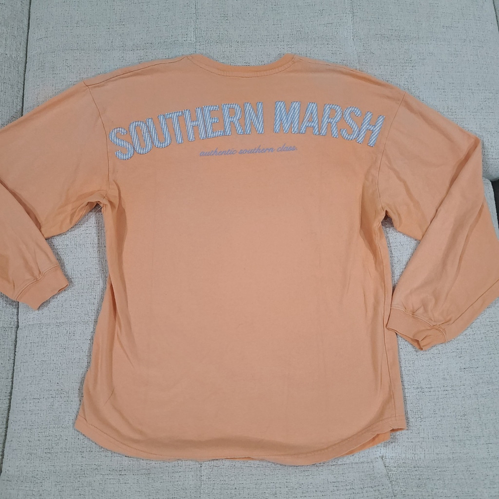 Southern Marsh Shirt Womens Sm Orange Blue Seersucker Long Sleeve Pocket Tshirt